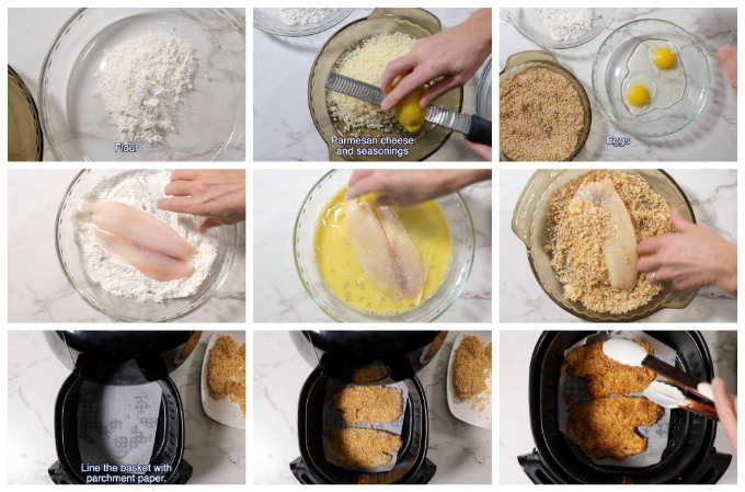 collage of 9 photos showing steps for how to make air fryer tilapia