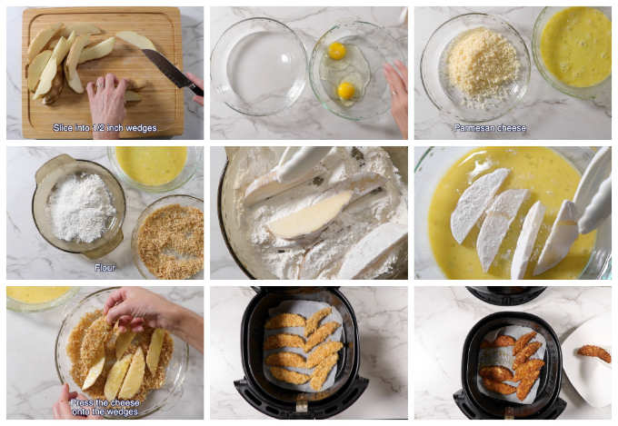 collage of 9 photos showing how to make Air Fryer potato wedges