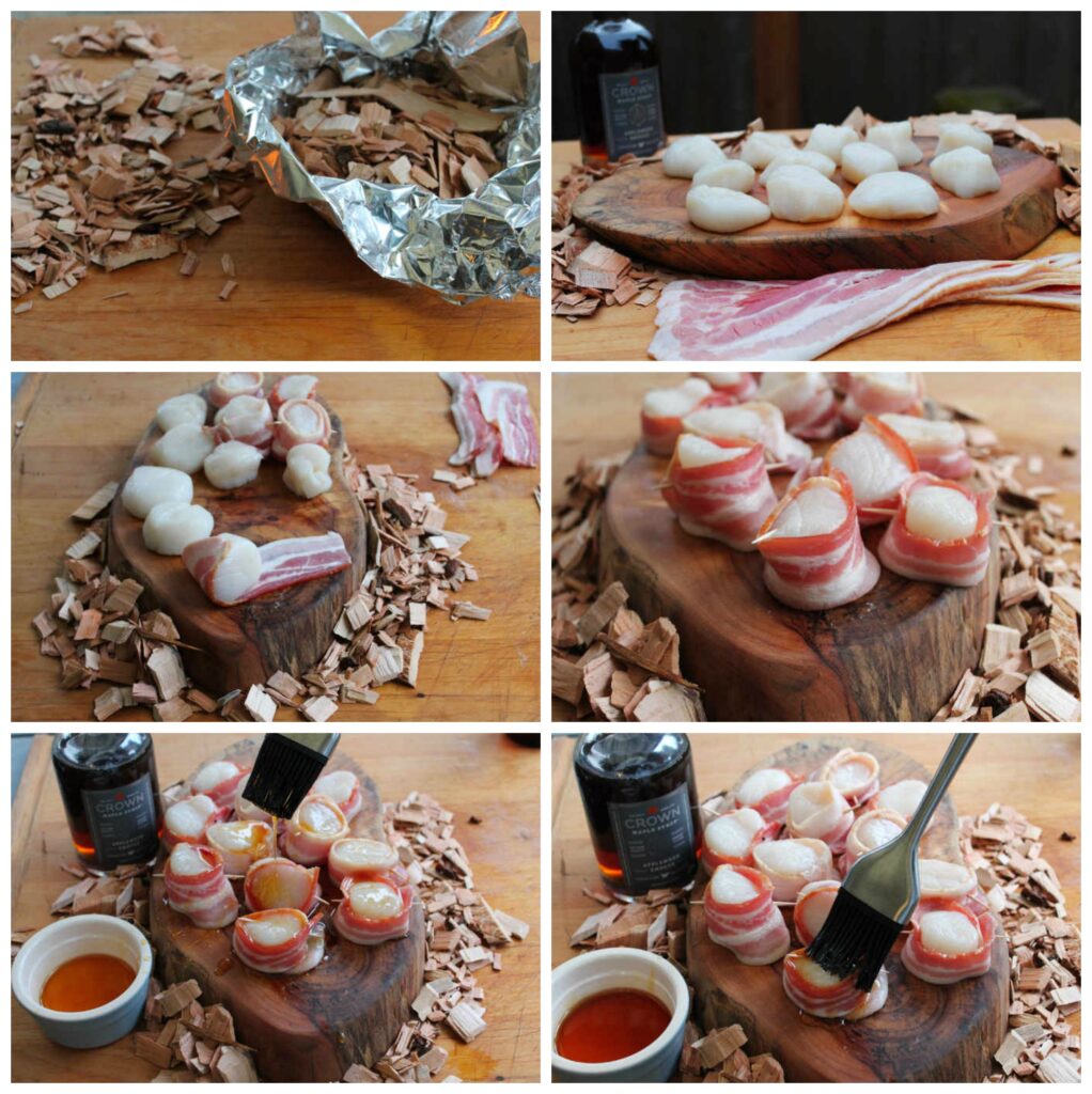 collage of images showing cherry wood chips wrapped in tinfoil and scallops sitting on wood slab being wrapped in bacon slices and being brushed with alder wood smoked maple syrup