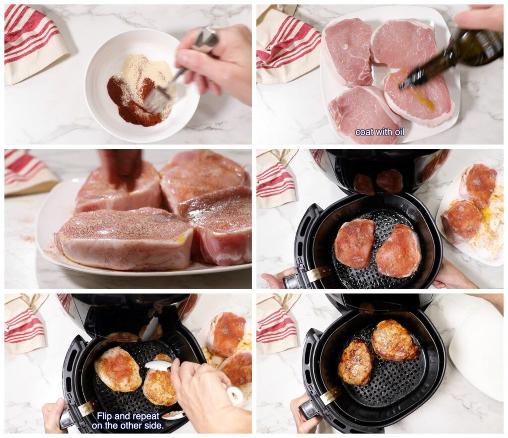 collage of 6 photos showing how to make air fryer pork chops