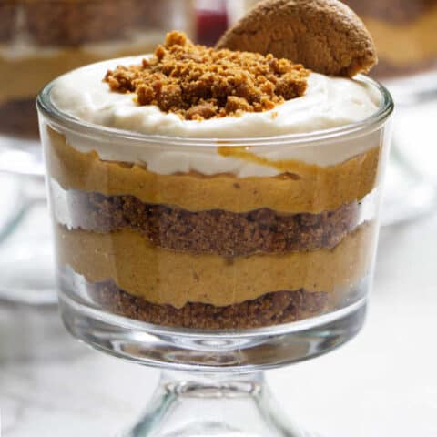 A dish of no bake cheesecake parfait with a gingersnap cookie on top