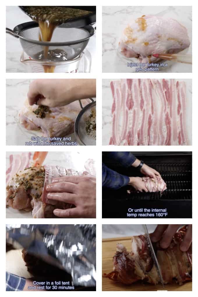 collage showing step by step process for making a traeger smoked turkey breast