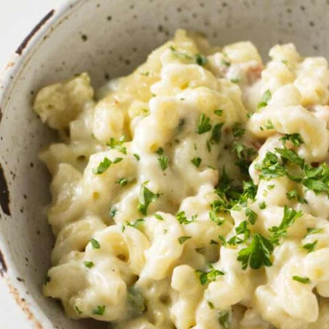 Macaroni and cheese with chunks of bacon and a creamy white cheese sauce in a stone bowl and with green garnish