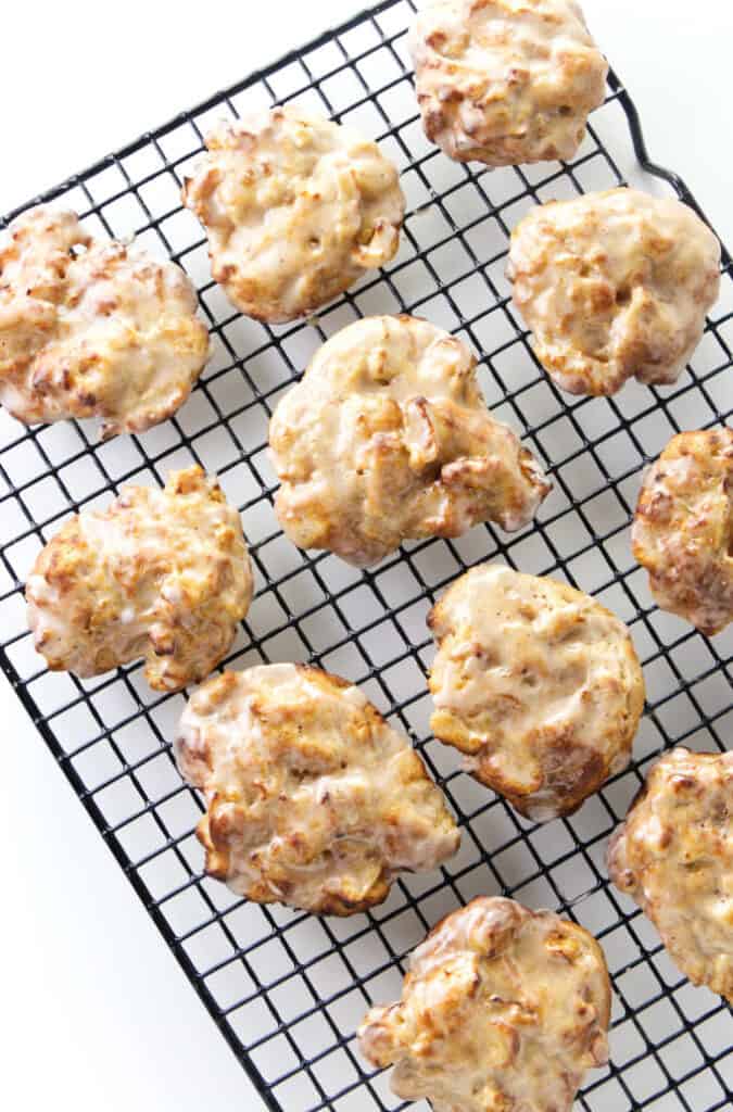 Overhead photo of apple fritters just out of the air fryer.