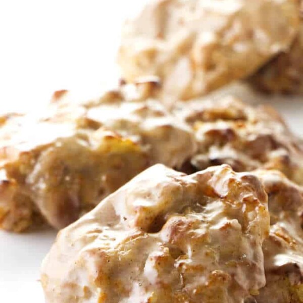 Close up photo of a apple fritter baked in the air fryer.