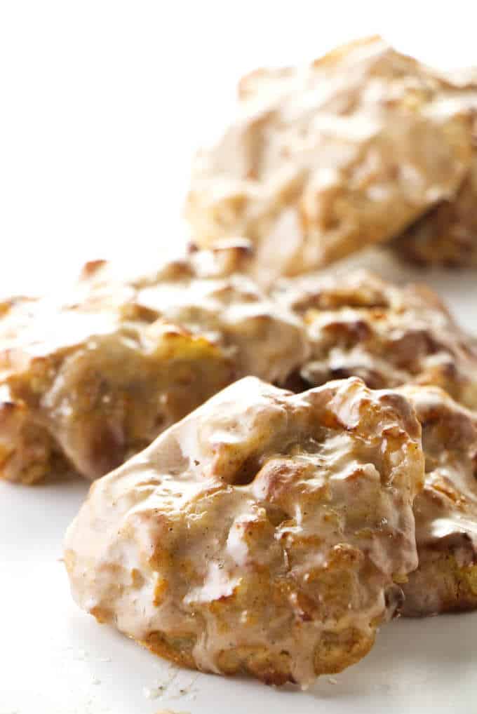 Close up photo of a apple fritter baked in the air fryer.