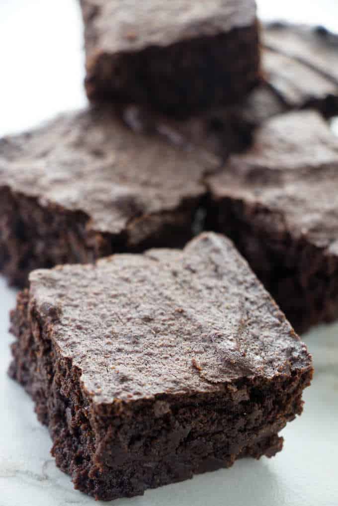 Slices of fudgy brownies fresh out of the air fryer.