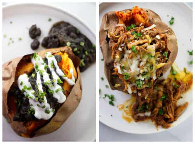 Collage of two sweet potatoes with toppings.