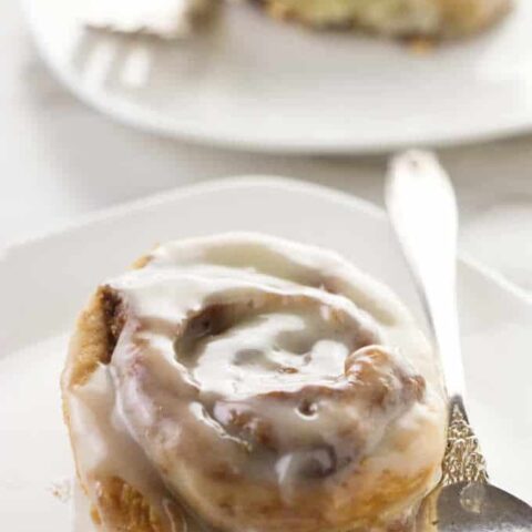 Close up of a no yeast air fryer cinnamon roll