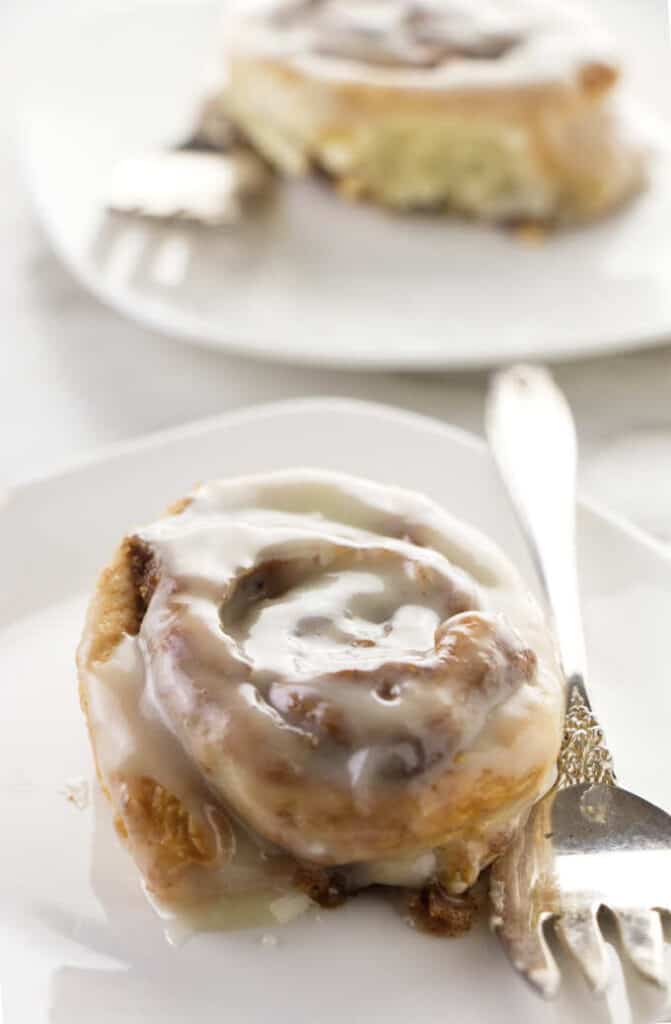 Close up of a no yeast air fryer cinnamon roll