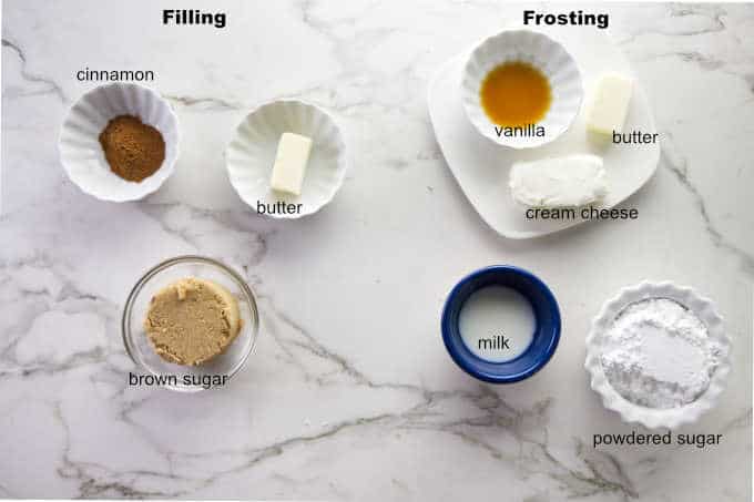 Ingredients used for cinnamon roll filling and frosting.