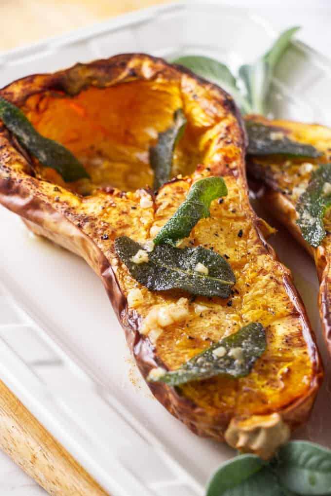 Air fryer roasted butternut squash with brown butter and sage on top.