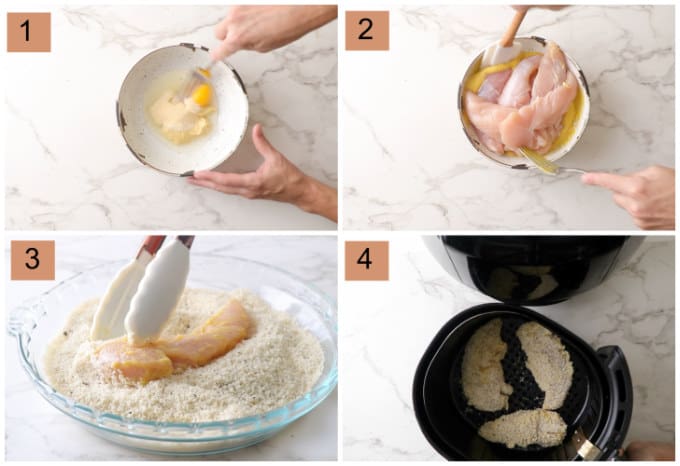 Process photos showing how to make air fryer parmesan chicken tenders.