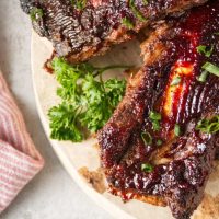 air fryer beef back ribs cooked and sliced on wood butcher block