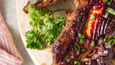 air fryer beef back ribs cooked and sliced on wood butcher block