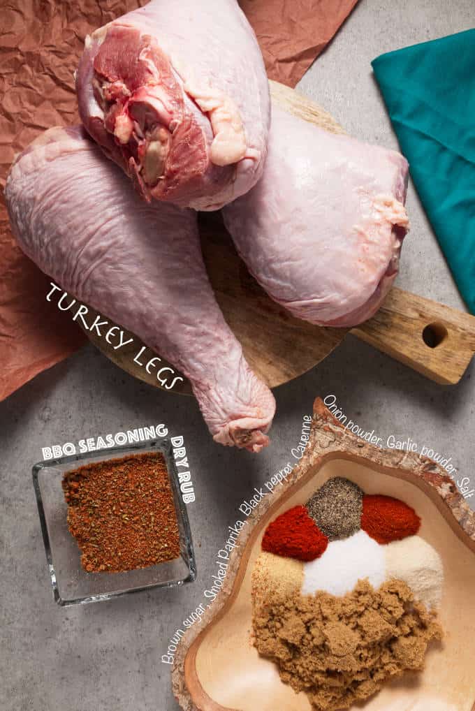 Smoked turkey legs ingredients: bbq seasoning dry rub, turkey legs, brown sugar, smoked paprika, black pepper, cayenne, onion powder, garlic powder, salt