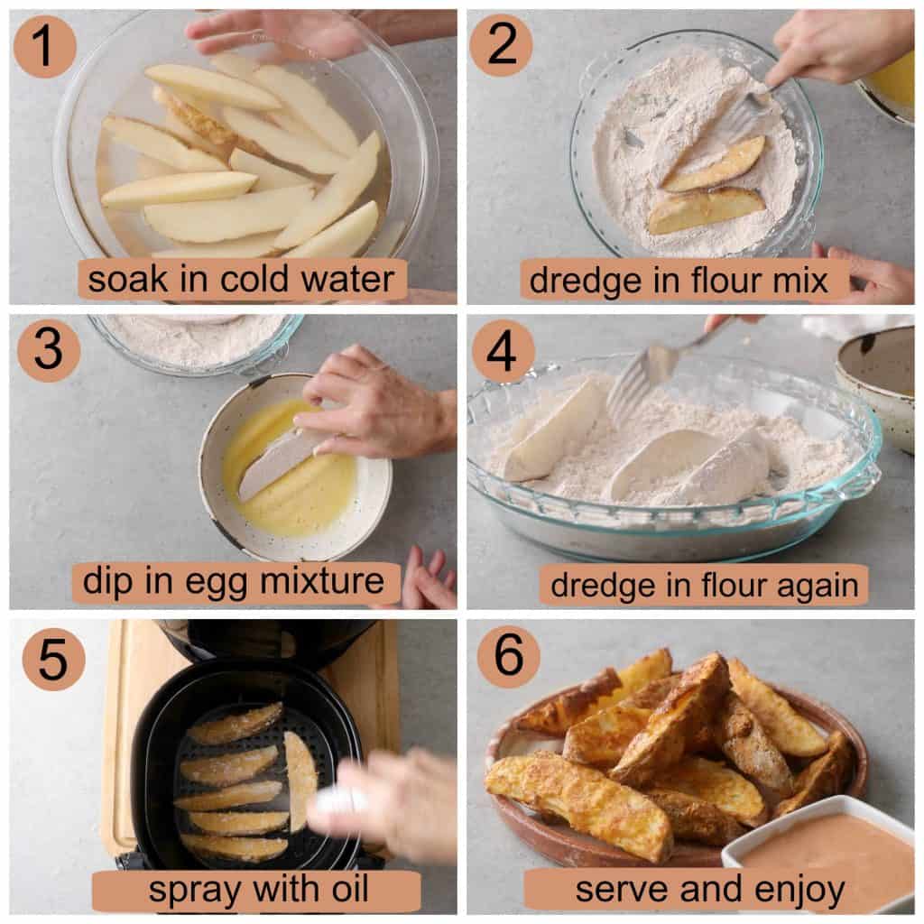 Process photos showing how to make air fryer Jojo potato wedges.