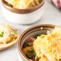 Ninja foodi turkey pot pie close up in dishes with a wooden spoon