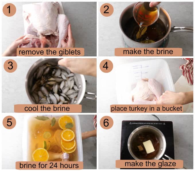 Process photos showing how to make a brown sugar bourbon brined turkey.