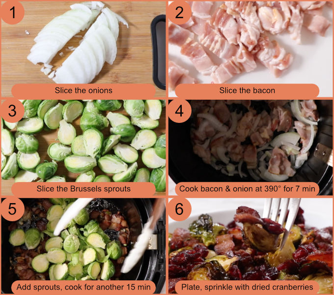 Process photos for air fryer Brussels sprouts with bacon: slice the onion, slice the bacon, slice the Brussels sprouts, cook bacon and onion, cook the sprouts, add cranberries and serve