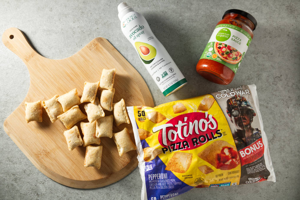 Ingredients for air fryer frozen pizza rolls: frozen pizza rolls, avocado oil spray, pizza sauce