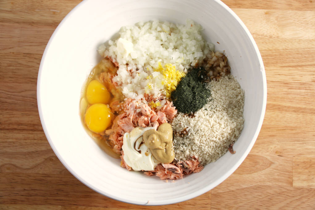 Air fryer salmon cake ingredients, in a bowl before being mixed.