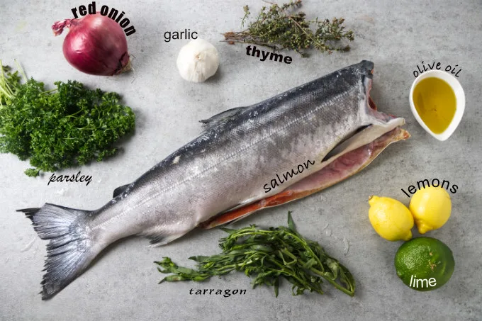 Ingredients used to cook a whole salmon on the grill.
