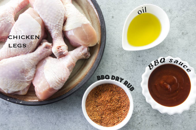 Ingredients needed to make bbq air fryer chicken legs.