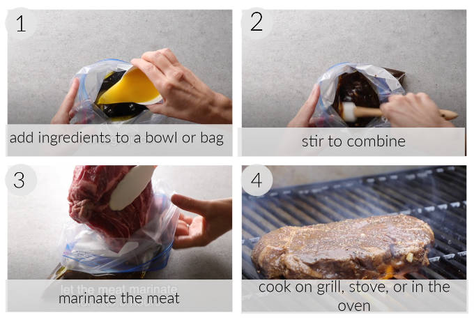 A collage of four photos showing how to make steak marinade. 