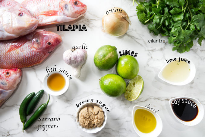 Ingredients used to grill whole tilapia on a pellet grill.
