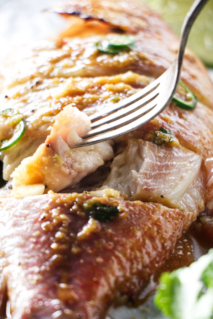 A fork flaking off a piece of grilled tilapia.