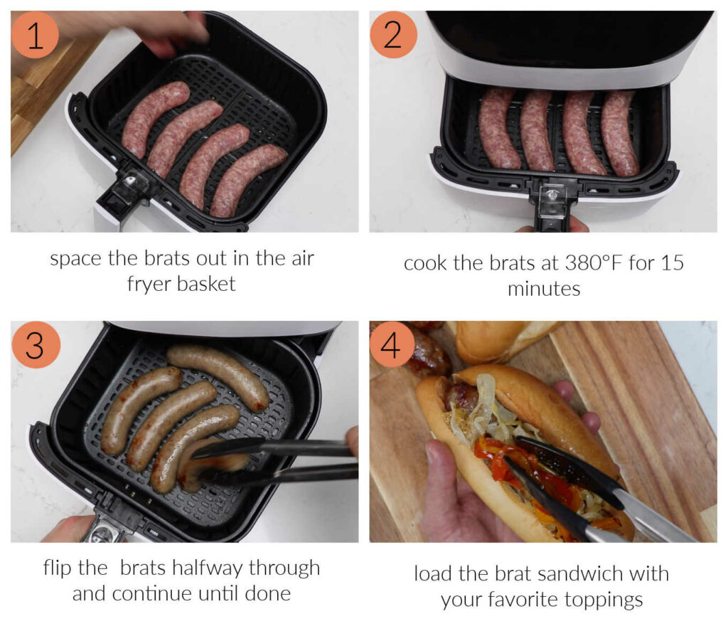 Four photos showing how to make air fryer brat sandwiches. 
