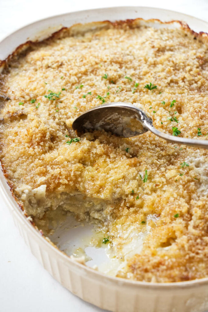 A casserole dish filled with au gratin potatoes.