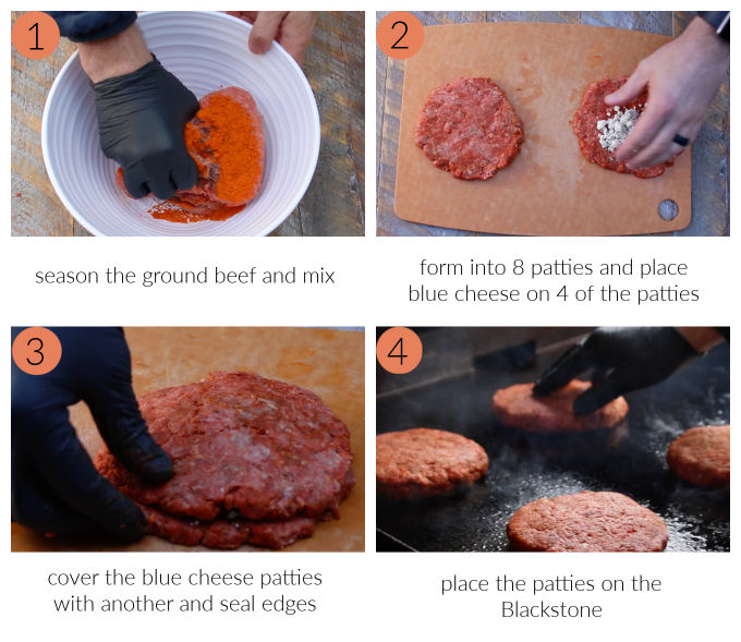 process collage for blackstone blackened blue cheese stuffed burgers: season the meat, form patties and add cheese, seal the stuffed burgers, place on griddle