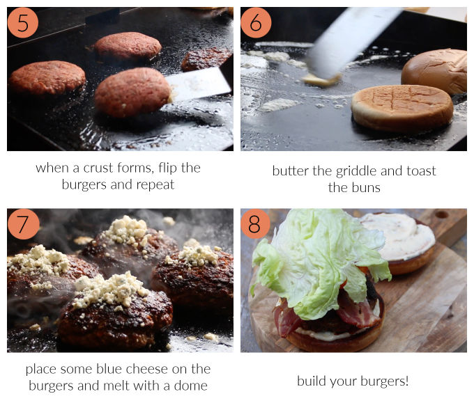 process collage for blackstone blackened blue cheese stuffed burgers: flip, toast buns, place cheese, build burgers
