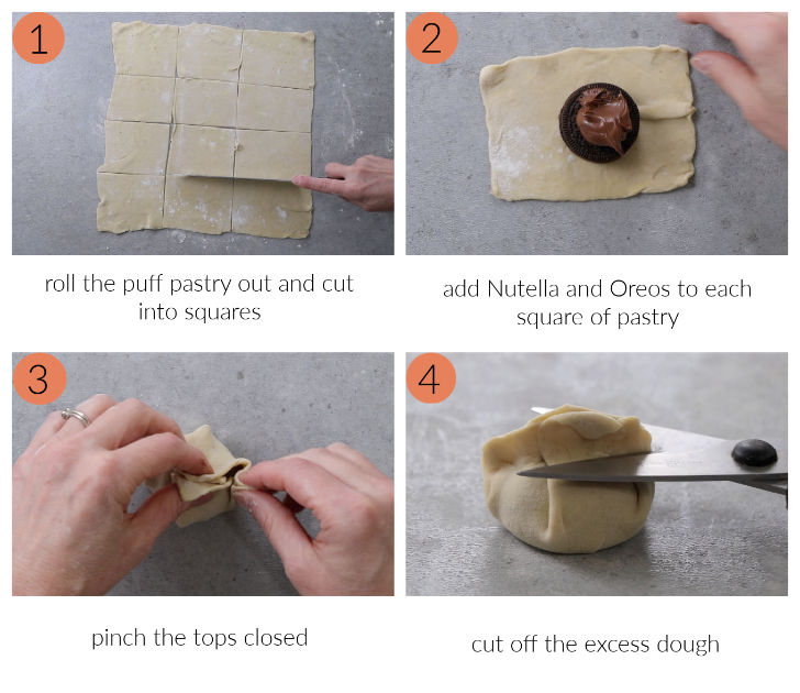 Four photos showing how to make air fried Oreos with puff pastry.