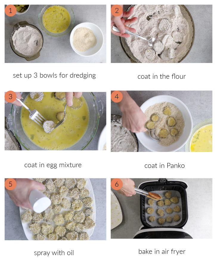 A collage of six photos showing how to make air fried pickles.