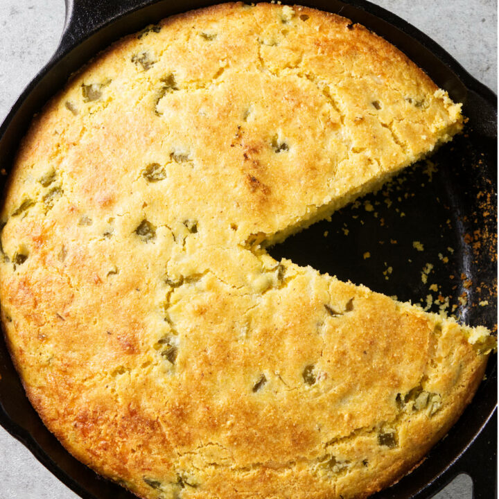 Cornbread in a cast iron skillet.