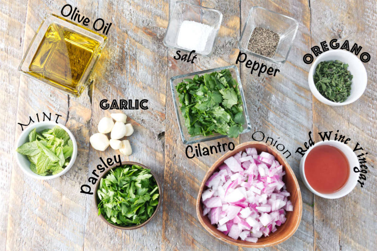 easy cilantro chimichurri sauce ingredients: olive oil, mint, parsley, garlic, salt, pepper, cilantro, onion, oregano, red wine vinegar