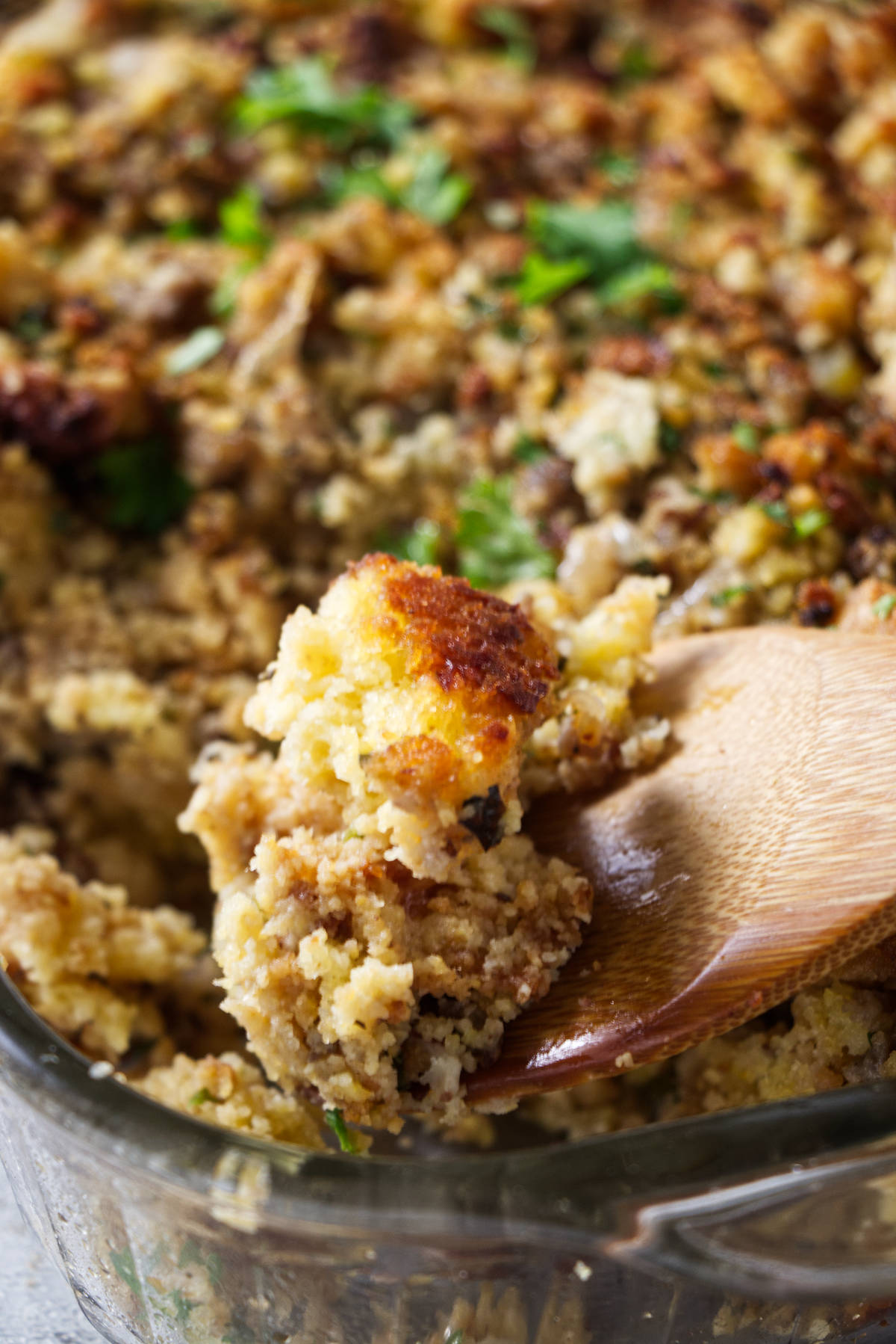 A closeup of cornbread stuffing.