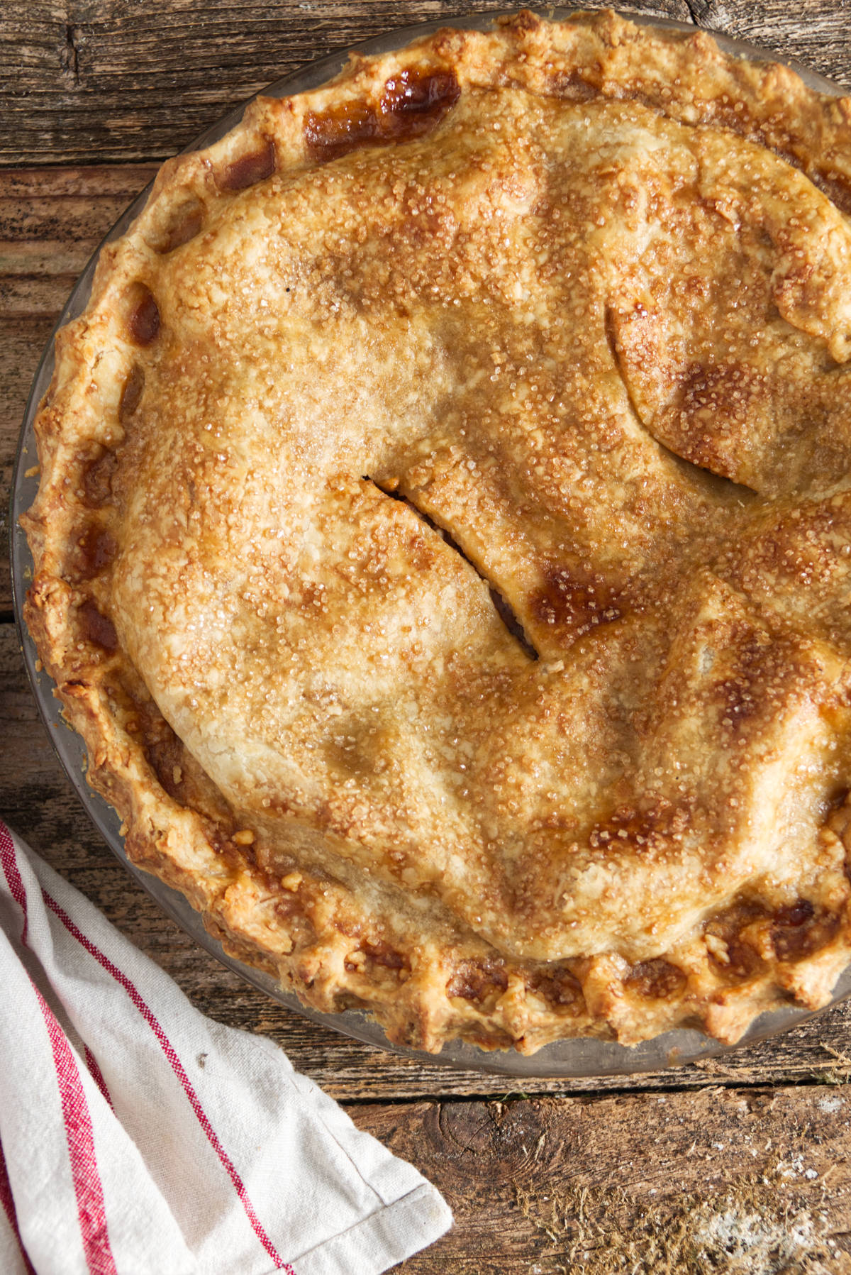 overhead shot of Traeger smoked apple pie, curst browned perfectly