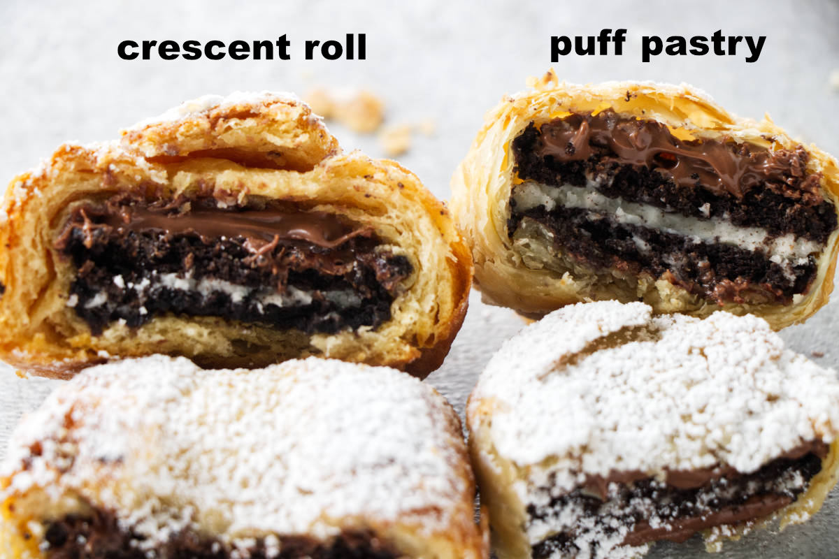 two different types of air fried oreos, one with crescent rolls and the other with puff pastry. stacked into piles and dusted with powdered sugar.