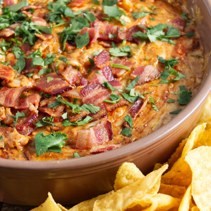 smoked queso dip in a large bowl with chips
