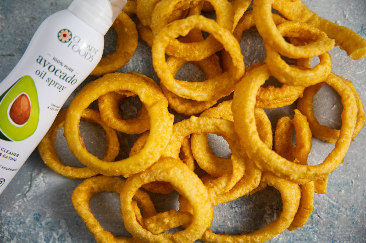 frozen onion rings laid out in a pile