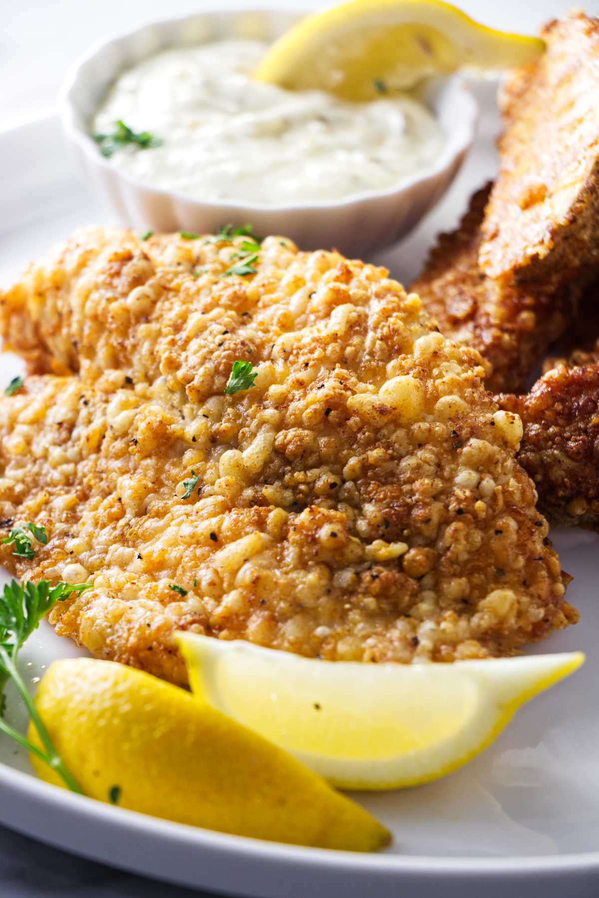 A parmesan crusted tilapia with lemon and tartar sauce.