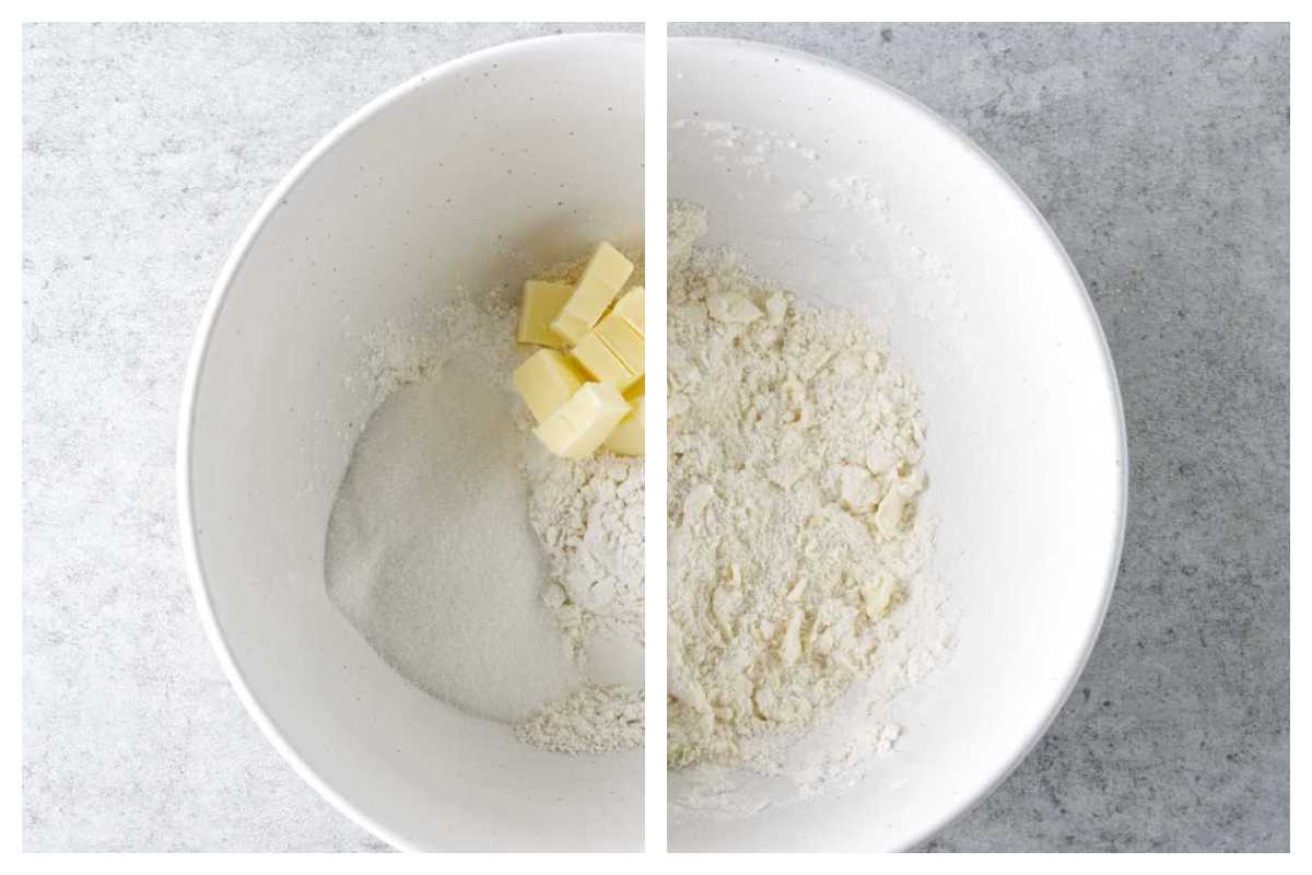 dry ingredients in a mixing bowl for the biscuit topping of a cobbler