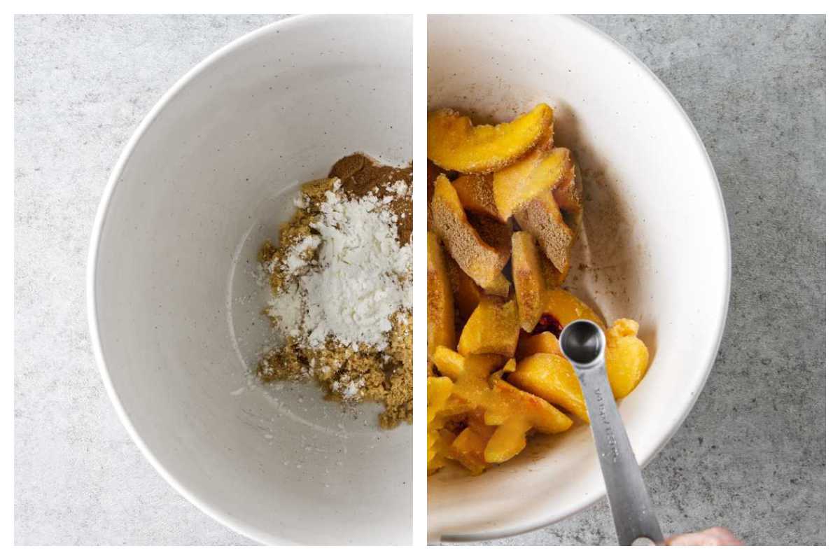 frozen peaches in a mixing bowl being mixed with sugar and spices