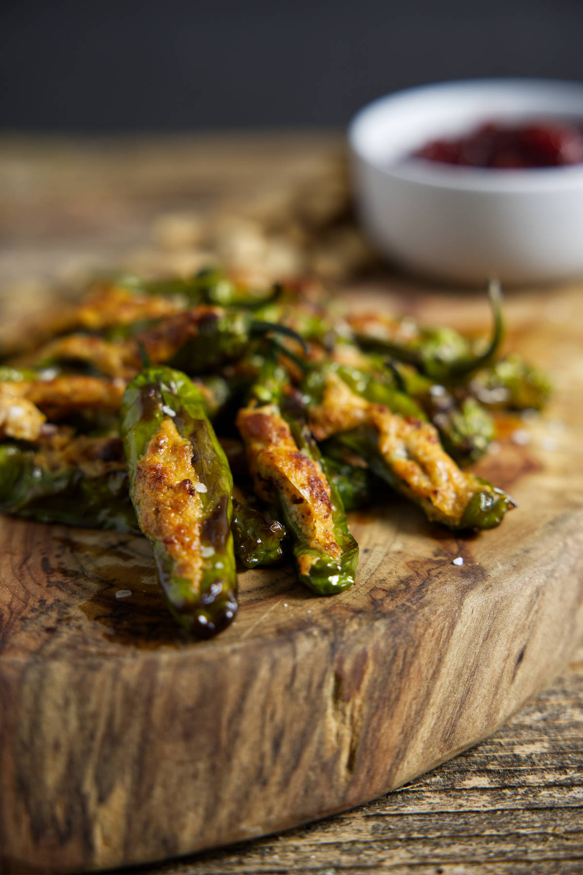 close up of air fryer shishito peppers