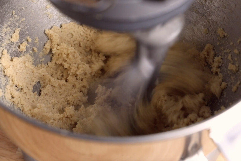 Mixing cookie dough in stand mixer.