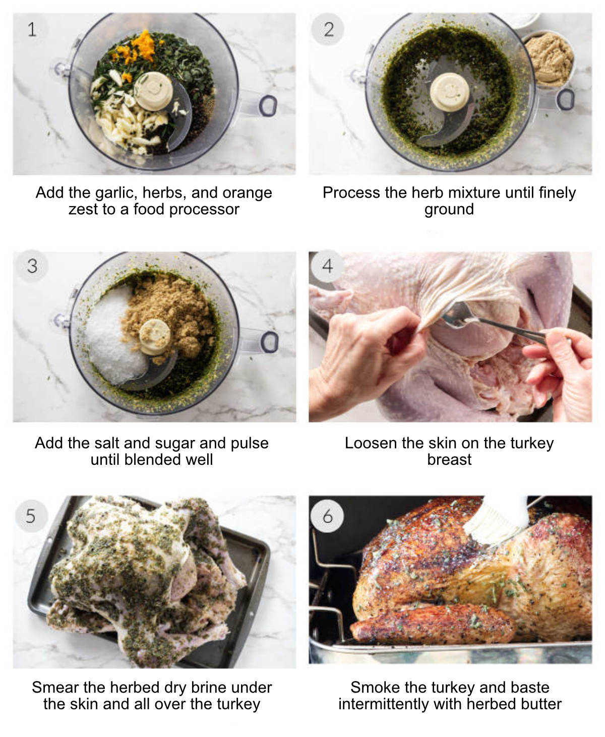 Showing how to make a dry brine smoked turkey, first making the dry brine, then smearing the brine on the turkey, and finally basting it while it smokes.